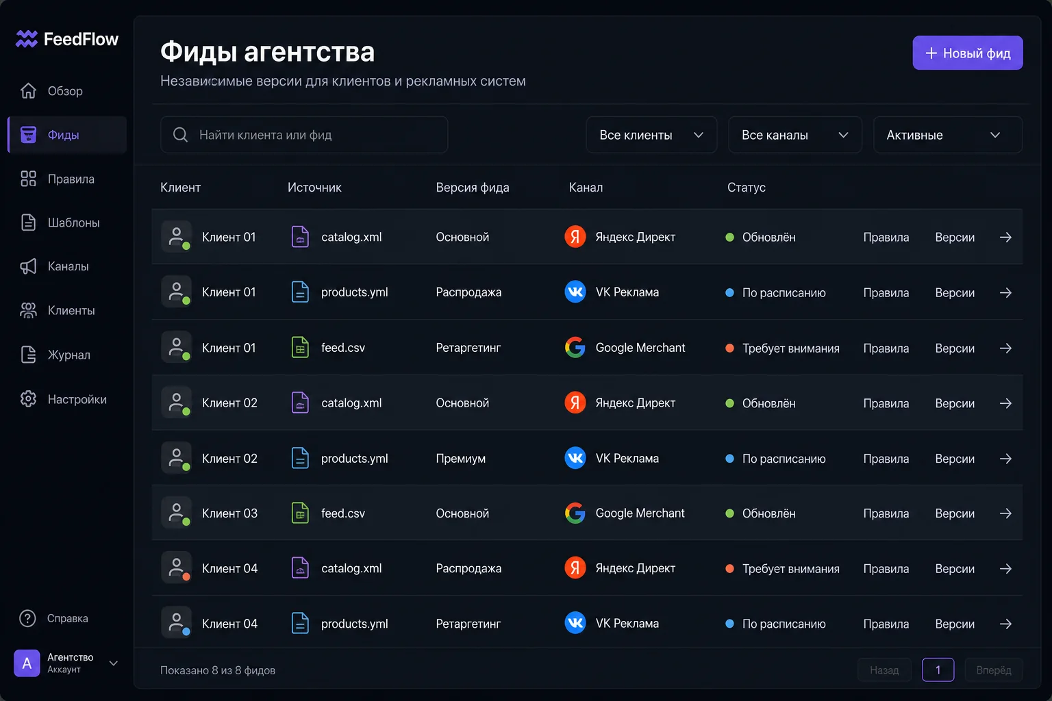 Интерфейс агентства со списком клиентов и независимых версий фидов