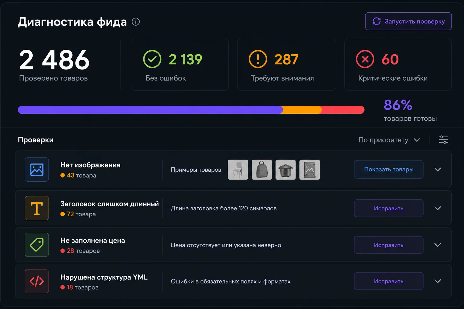 Интерфейс диагностики фида со сводкой и списком ошибок